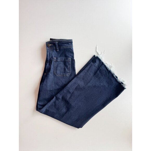 ZARA Patch Pocket Marine Dark Indigo High Rise Wide Leg Jeans, Size 2/24 - Picture 1 of 15